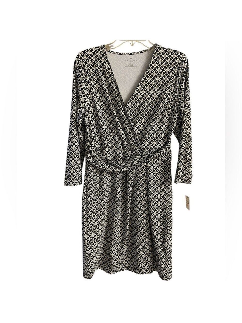 Talbots Black and White Geometric Faux-Wrap Dress Medium NWT